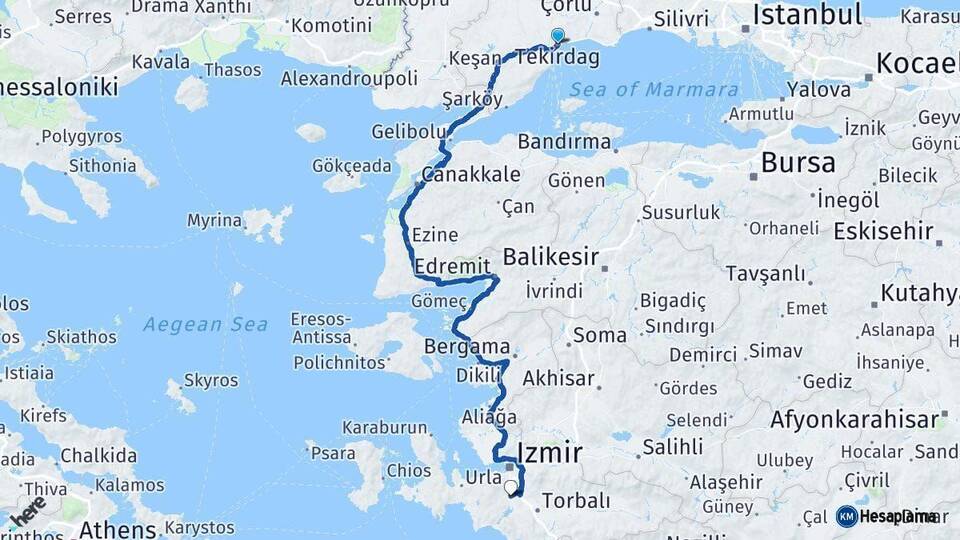 Tekirdağ Menderes İzmir Arası Kaç Km - Yol Haritası