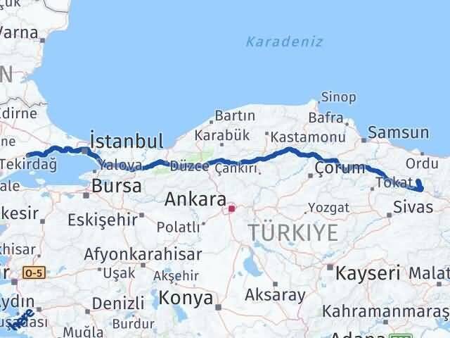 Tekirdağ Mesudiye Ordu Arası Kaç Km - Yol Haritası