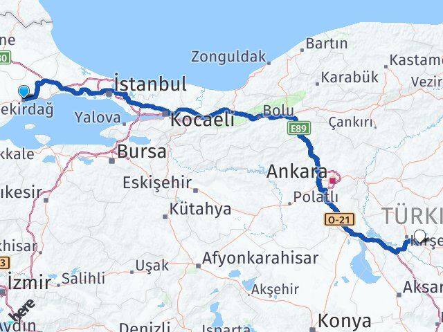 Tekirdağ Mucur Kırşehir Arası Kaç Km - Yol Haritası
