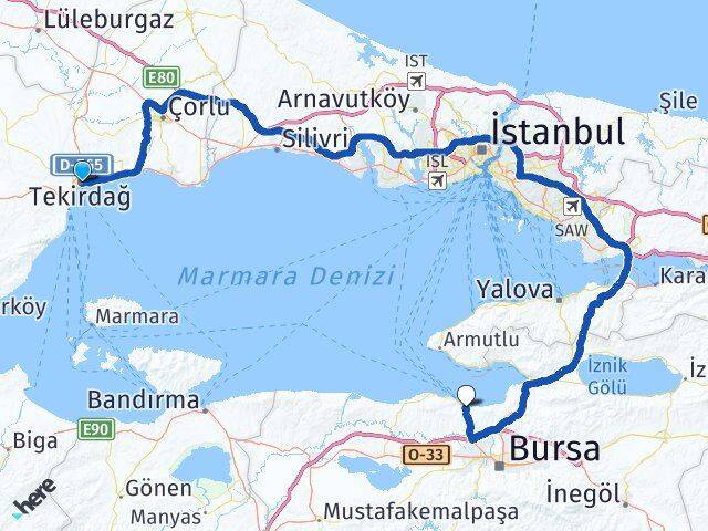 Tekirdağ Mudanya Bursa Arası Kaç Km - Yol Haritası
