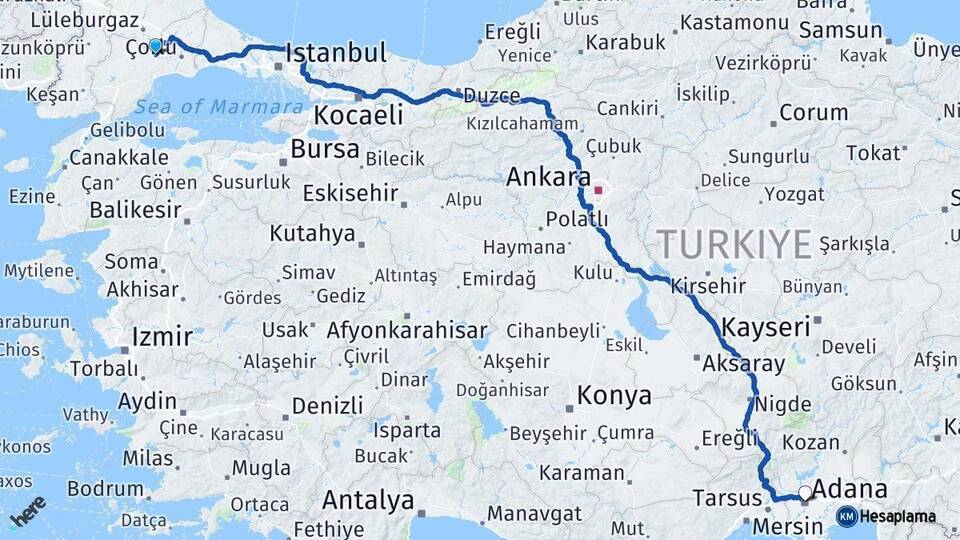 Tekirdağ Muratlı Adana Arası Kaç Km - Yol Haritası