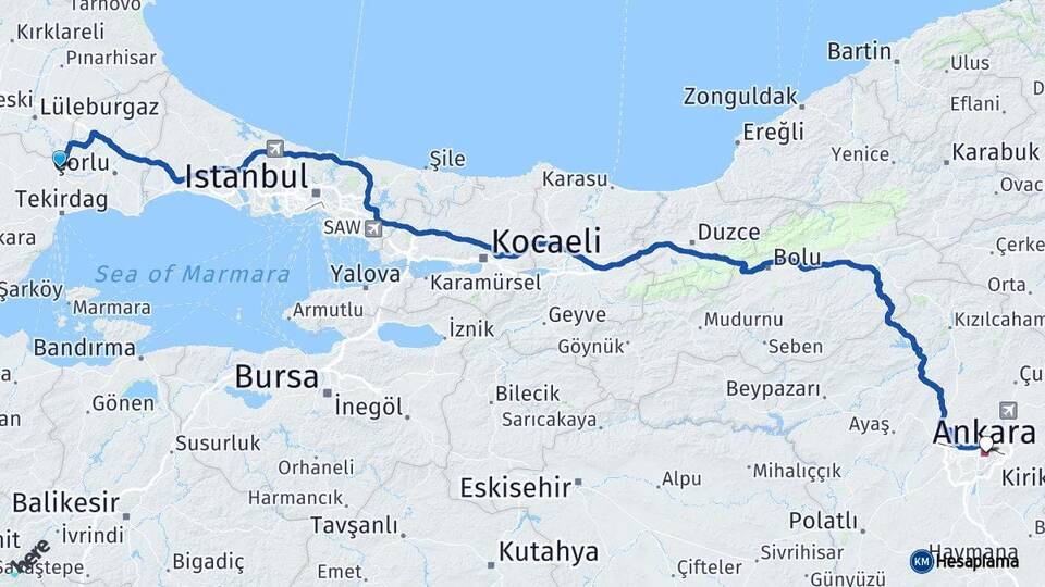 Tekirdağ Muratlı Ankara Arası Kaç Km - Yol Haritası