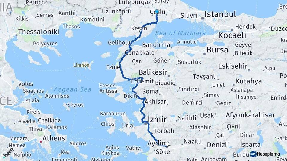 Tekirdağ Muratlı Aydın Arası Kaç Km - Yol Haritası