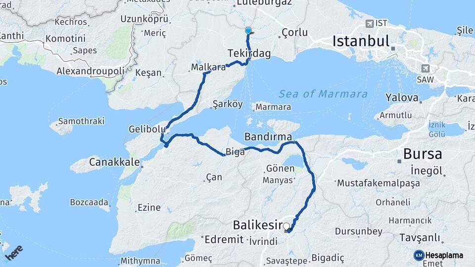 Tekirdağ Muratlı Balıkesir Arası Kaç Km - Yol Haritası