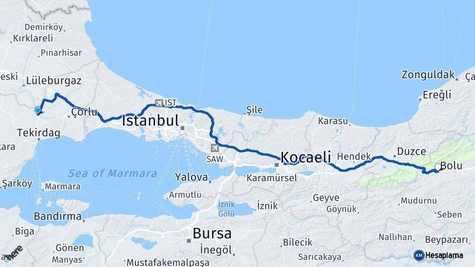 Tekirdağ Muratlı Bolu Arası Kaç Km - Yol Haritası