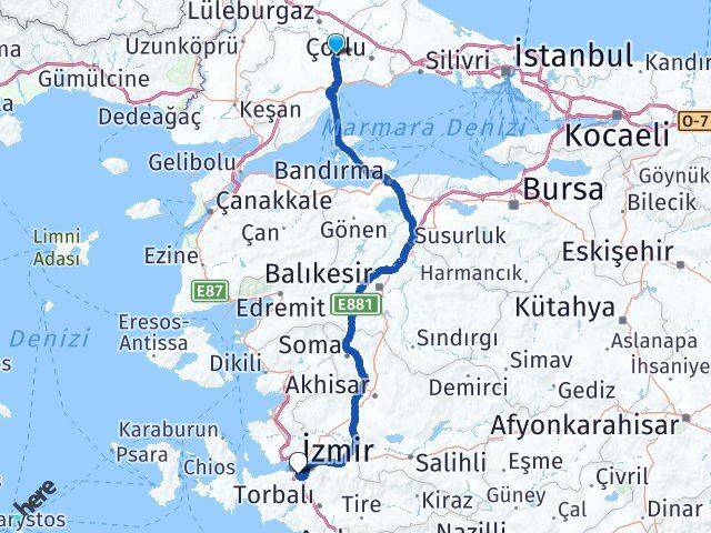 Tekirdağ Muratlı Buca İzmir Arası Kaç Km - Yol Haritası