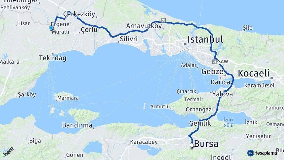Tekirdağ Muratlı Bursa Arası Kaç Km - Yol Haritası