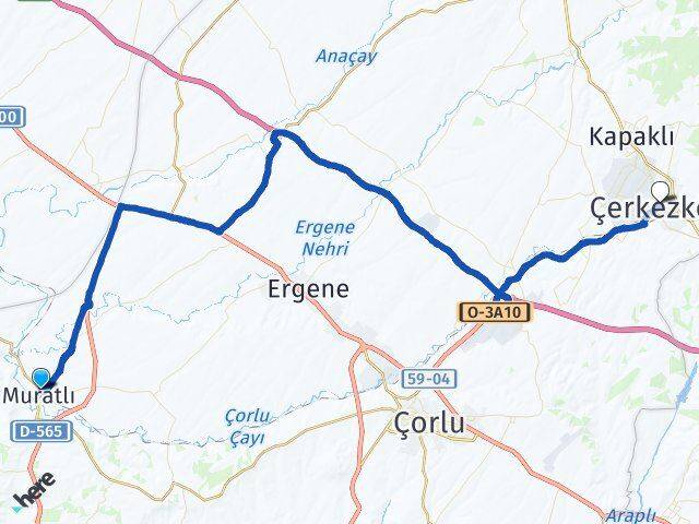 Tekirdağ Muratlı Çerkezköy Arası Kaç Km - Yol Haritası