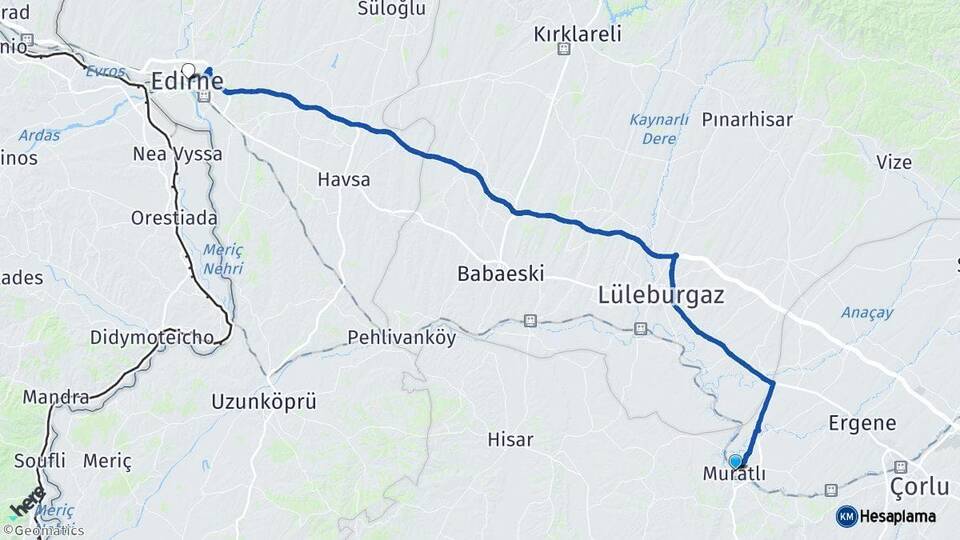 Tekirdağ Muratlı Edirne Arası Kaç Km - Yol Haritası