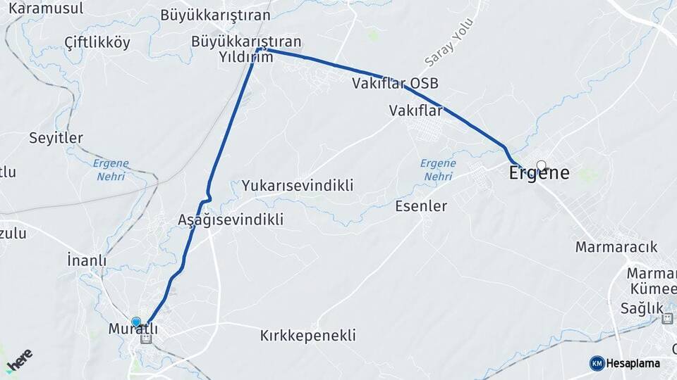 Tekirdağ Muratlı Ergene Arası Kaç Km - Yol Haritası