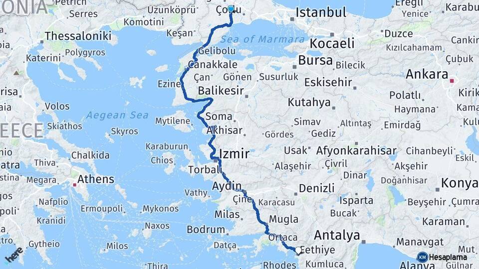Tekirdağ Muratlı Fethiye Muğla Arası Kaç Km - Yol Haritası