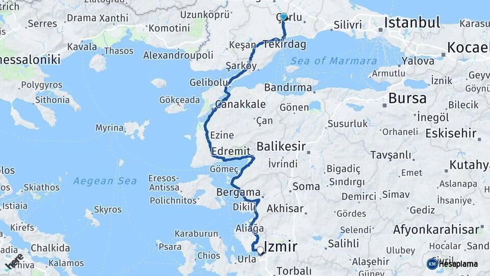Tekirdağ Muratlı İzmir Arası Kaç Km - Yol Haritası