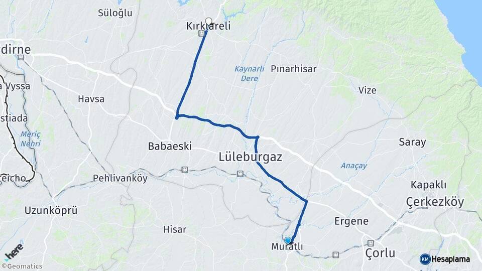 Tekirdağ Muratlı Kırklareli Arası Kaç Km - Yol Haritası