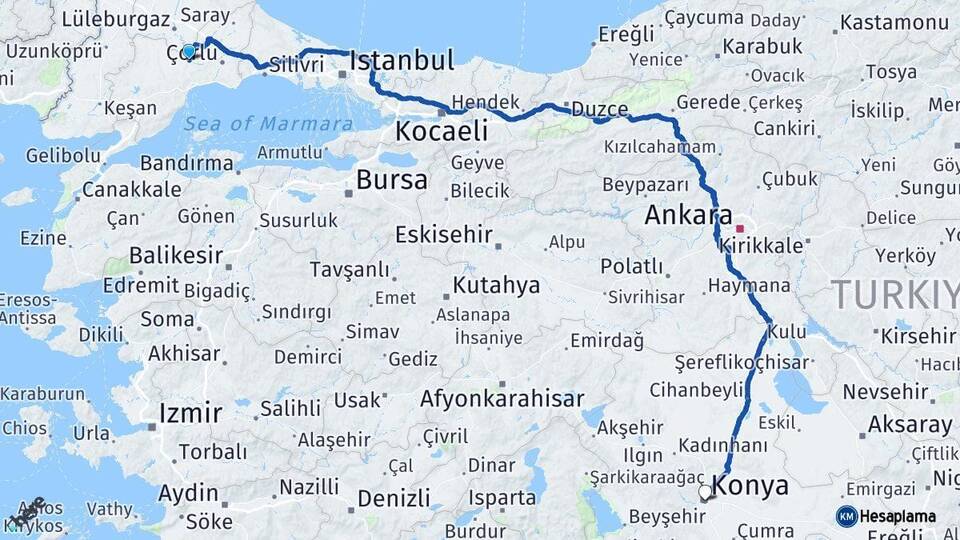 Tekirdağ Muratlı Konya Arası Kaç Km - Yol Haritası