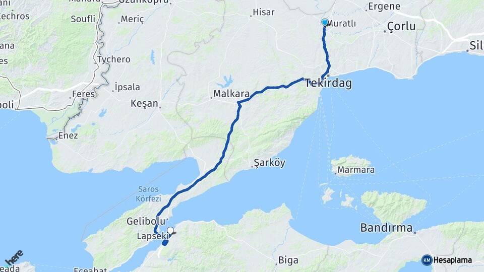Tekirdağ Muratlı Lapseki Çanakkale Arası Kaç Km - Yol Haritası