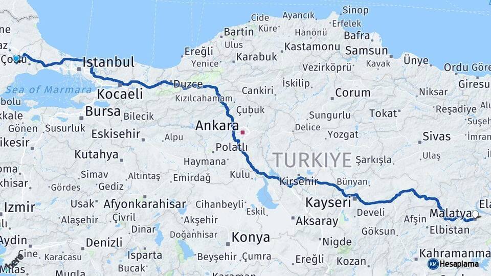 Tekirdağ Muratlı Malatya Arası Kaç Km - Yol Haritası