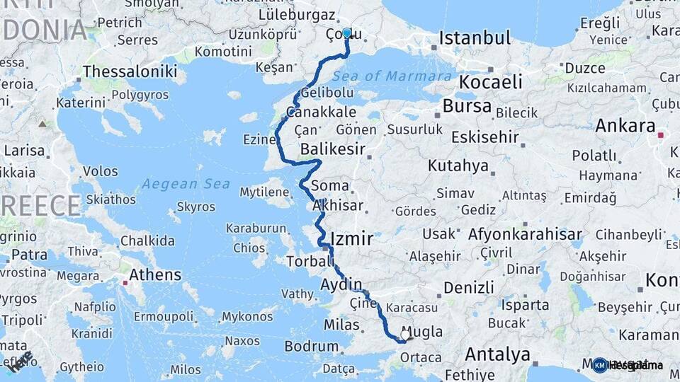 Tekirdağ Muratlı Muğla Arası Kaç Km - Yol Haritası