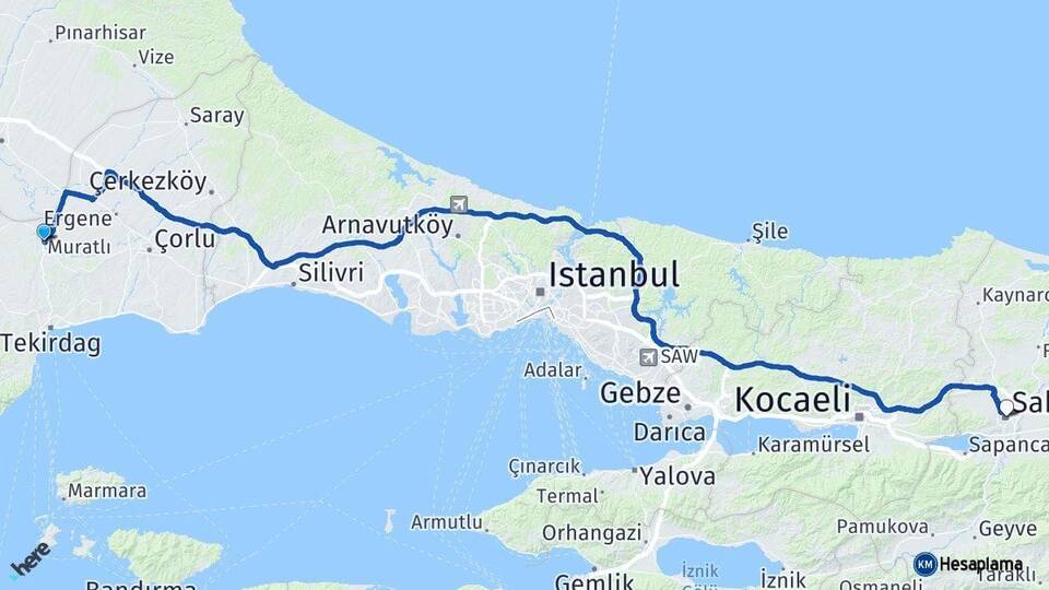 Tekirdağ Muratlı Sakarya Arası Kaç Km - Yol Haritası