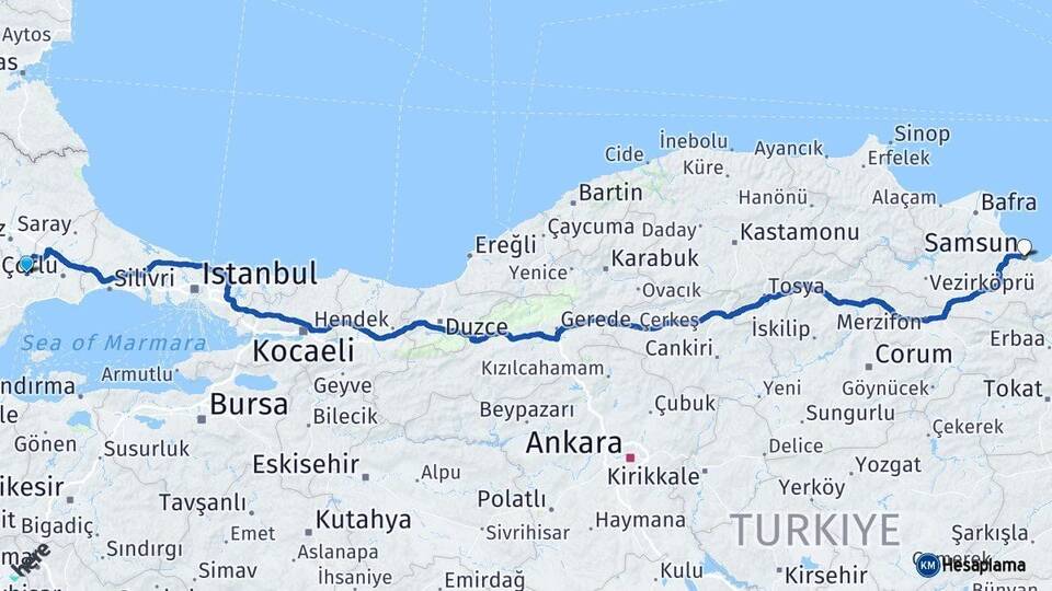 Tekirdağ Muratlı Samsun Arası Kaç Km - Yol Haritası