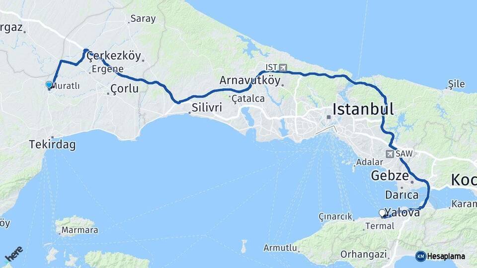 Tekirdağ Muratlı Yalova Arası Kaç Km - Yol Haritası
