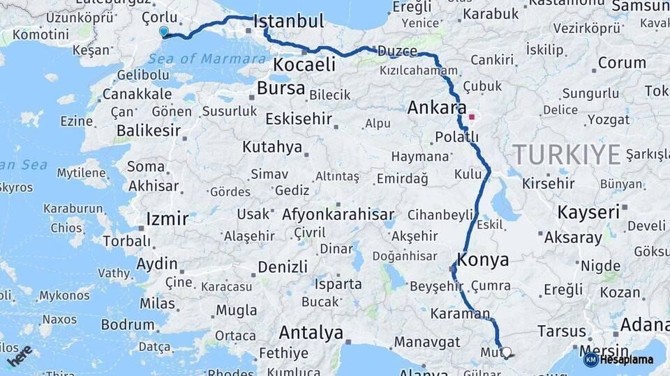 Tekirdağ Mut Mersin Arası Kaç Km - Yol Haritası
