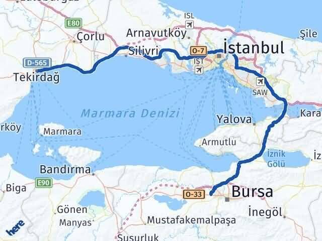 Tekirdağ Nilüfer Bursa Arası Kaç Km - Yol Haritası