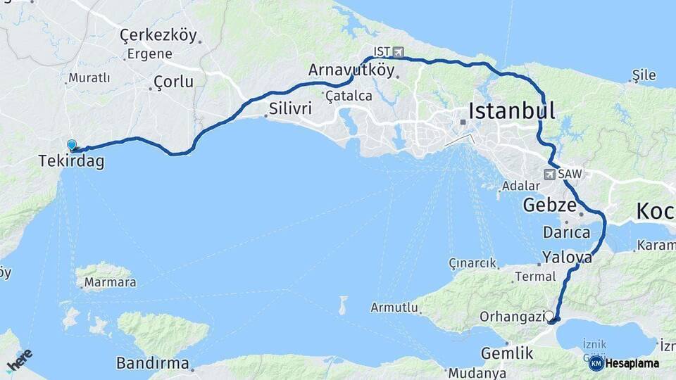 Tekirdağ Orhangazi Bursa Arası Kaç Km - Yol Haritası