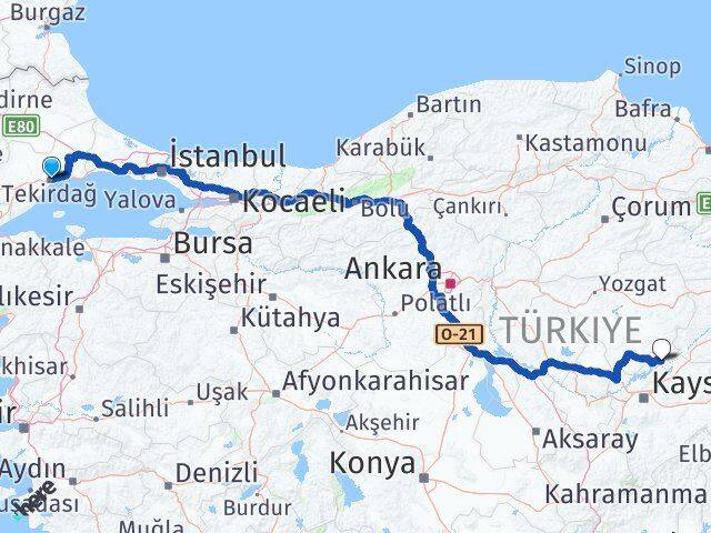 Tekirdağ Özvatan Kayseri Arası Kaç Km - Yol Haritası