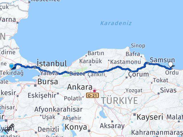 Tekirdağ Perşembe Ordu Arası Kaç Km - Yol Haritası