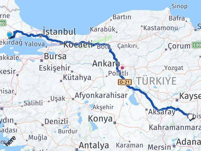 Tekirdağ Saimbeyli Adana Arası Kaç Km - Yol Haritası