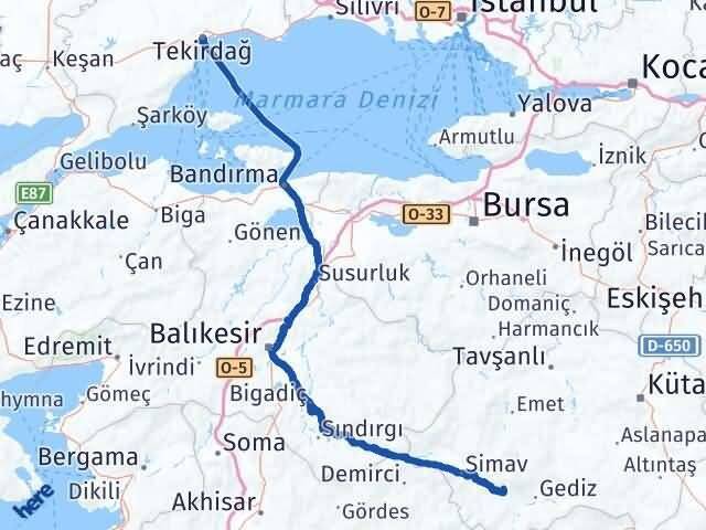 Tekirdağ Şaphane Kütahya Arası Kaç Km - Yol Haritası