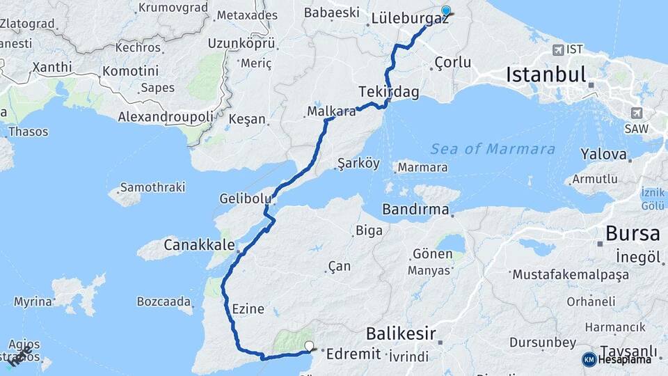 Tekirdağ Saray Akçay Edremit Balıkesir Arası Kaç Km - Yol Haritası