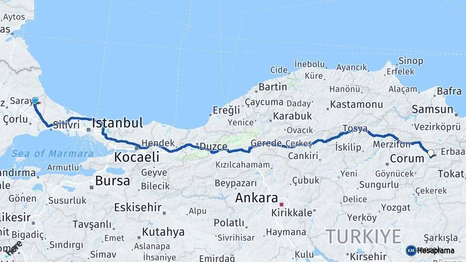 Tekirdağ Saray Amasya Arası Kaç Km - Yol Haritası