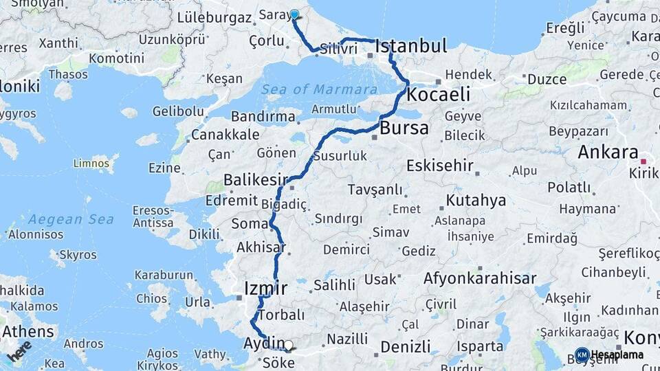 Tekirdağ Saray Aydın Arası Kaç Km - Yol Haritası