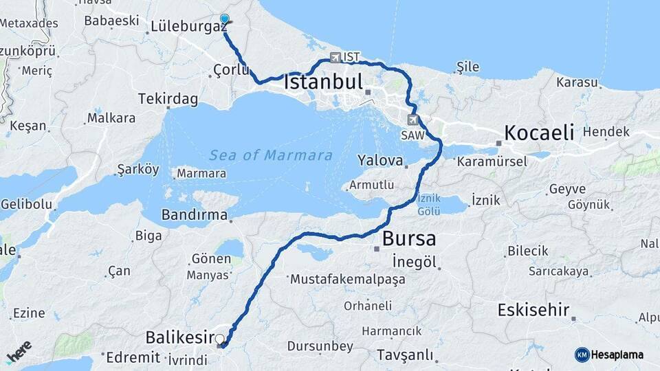 Tekirdağ Saray Balıkesir Arası Kaç Km - Yol Haritası