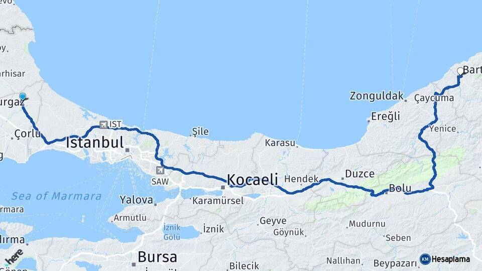 Tekirdağ Saray Bartın Arası Kaç Km - Yol Haritası