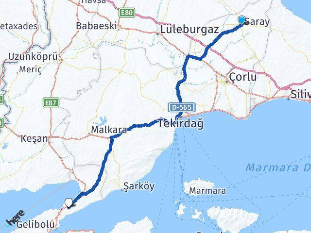 Tekirdağ Saray Bolayır Gelibolu Çanakkale Arası Kaç Km - Yol Haritası