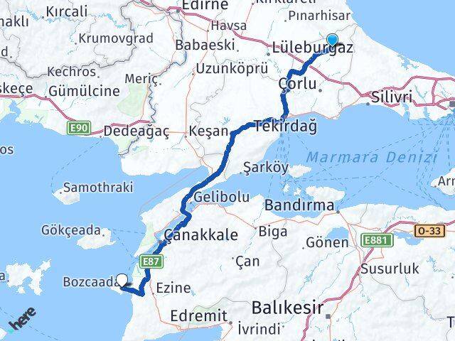 Tekirdağ Saray Bozcaada Çanakkale Arası Kaç Km - Yol Haritası