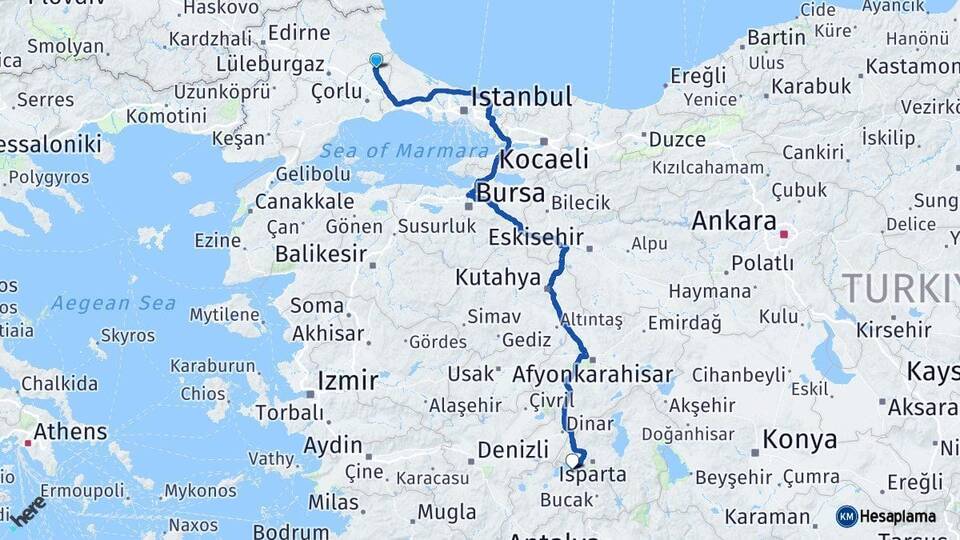 Tekirdağ Saray Burdur Arası Kaç Km - Yol Haritası