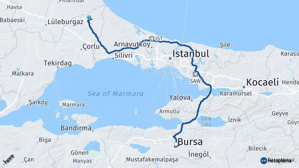 Tekirdağ Saray Bursa Arası Kaç Km - Yol Haritası