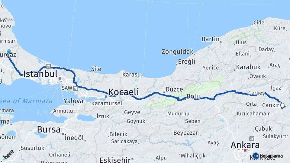 Tekirdağ Saray Çankırı Arası Kaç Km - Yol Haritası