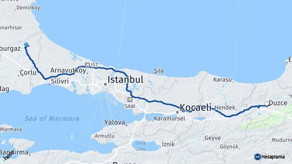 Tekirdağ Saray Düzce Arası Kaç Km - Yol Haritası