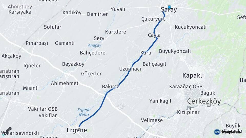 Tekirdağ Saray Ergene Arası Kaç Km - Yol Haritası