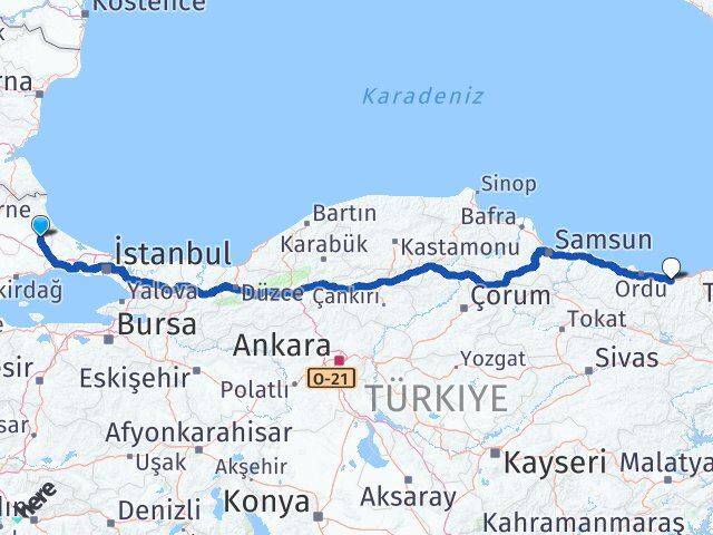 Tekirdağ Saray Giresun Arası Kaç Km - Yol Haritası