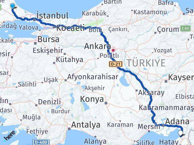 Tekirdağ Saray İskenderun Hatay Arası Kaç Km - Yol Haritası