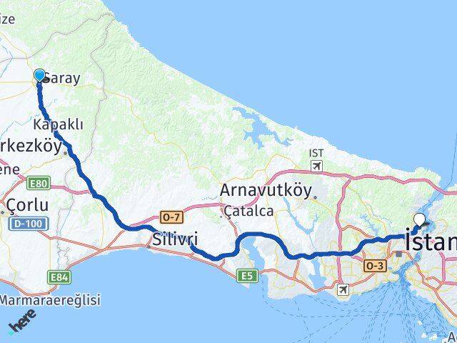 Tekirdağ Saray İstinye Sarıyer İstanbul Arası Kaç Km - Yol Haritası