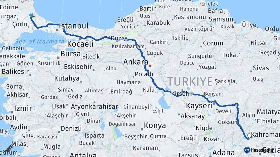 Tekirdağ Saray Kahramanmaraş Arası Kaç Km - Yol Haritası