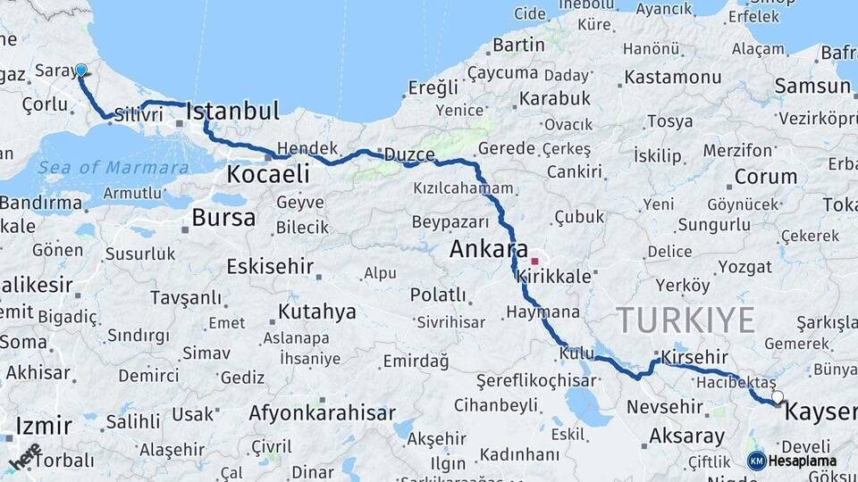 Tekirdağ Saray Kayseri Arası Kaç Km - Yol Haritası