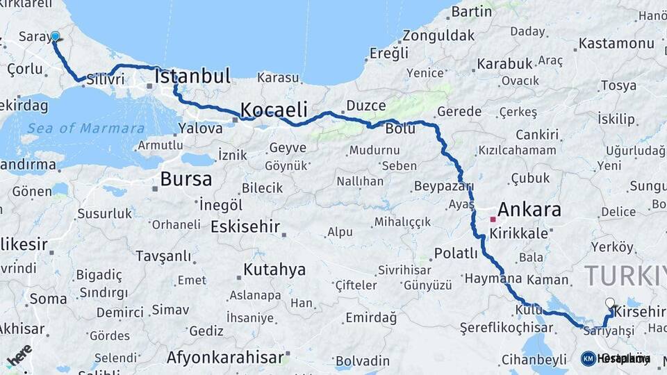 Tekirdağ Saray Kırşehir Arası Kaç Km - Yol Haritası