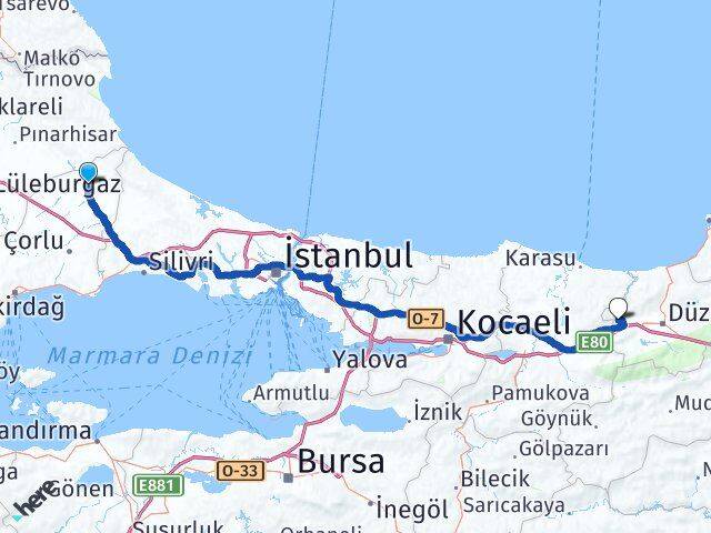 Tekirdağ Saray Kıyıköy Gümüşova Düzce Arası Kaç Km - Yol Haritası